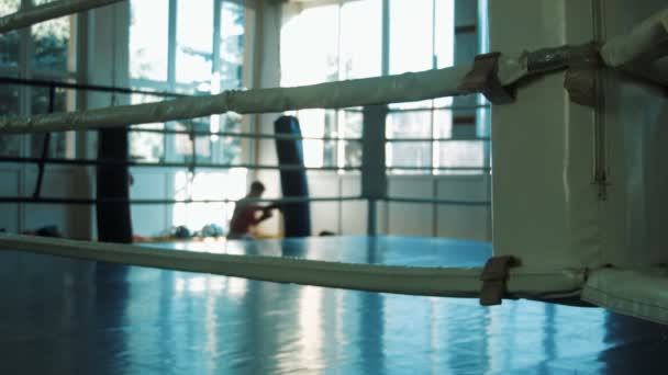 El entrenamiento de boxeador joven con saco de boxeo en el gimnasio mira a través de un anillo — Vídeo de stock