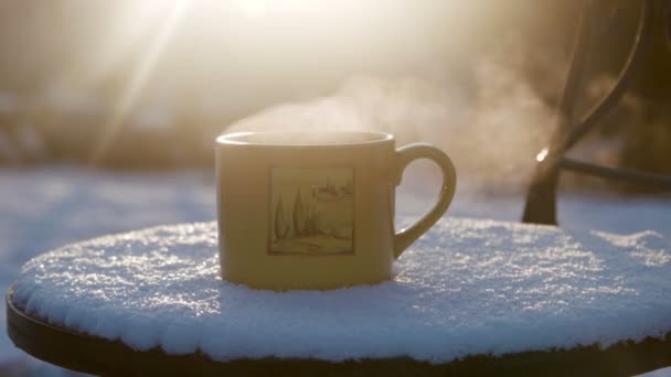 Tazza con tè caldo contro il sole in inverno — Video Stock