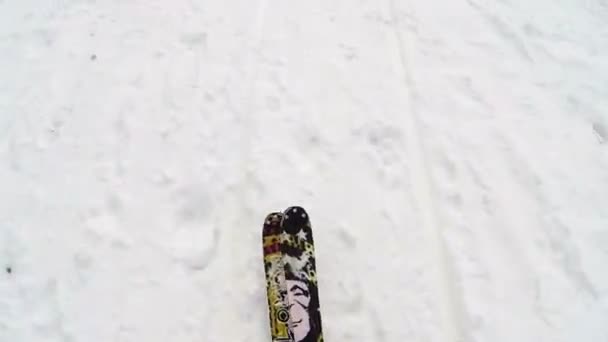 Der Skifahrer steigt die Berge hinunter — Stockvideo