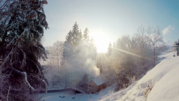 Albergue de madera en la madera de invierno — Vídeo de stock