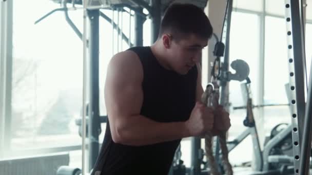 健美运动员做肱三头肌锻炼 — 图库视频影像