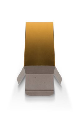 Beyaz arka planda izole edilmiş parfüm veya ürünler için küçük altın karton kutu 