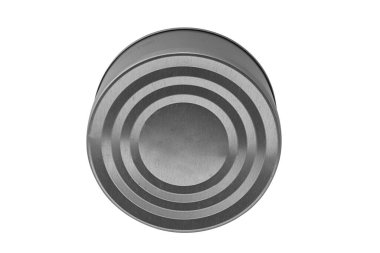 Kapalı gümüş teneke kutu beyaz arkaplanda izole, maket - şablon