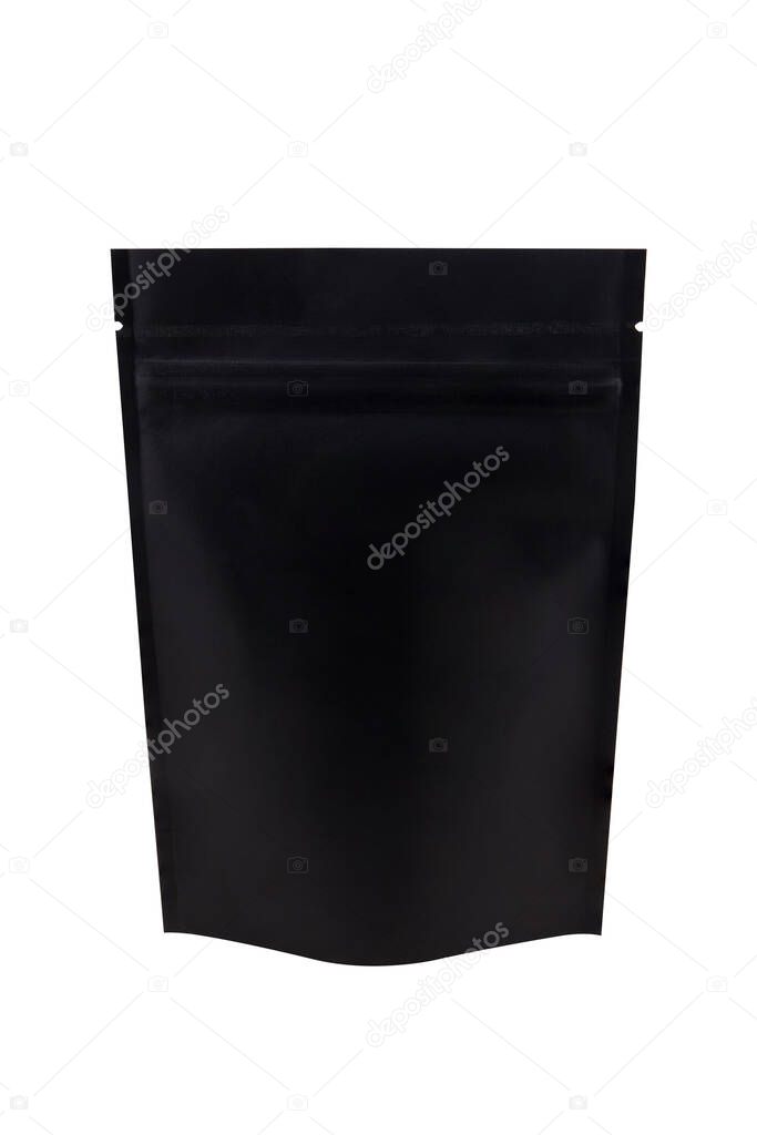 Black blank matte recycled paper bag with a transparent window isolated on white background 