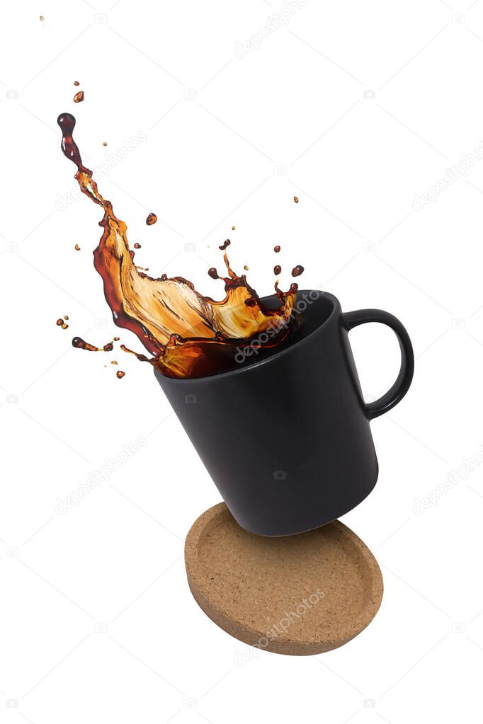 cup of coffee and round Cork mat with brown border isolated on white background 