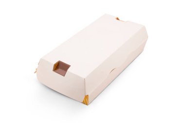 Boş sarı ve beyaz hamburgerler - beyaz arkaplanda izole edilmiş sandviç kutusu