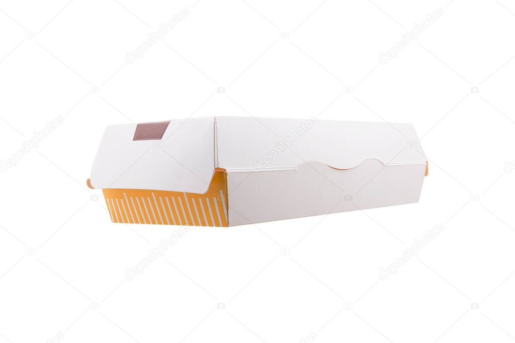 Blank yellow and white craft burger - sandwich box isolated on white background