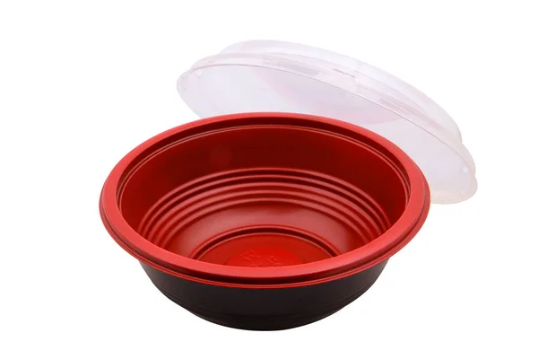 Κλειστό Μαύρο Και Κόκκινο Πλαστικό Πιάτο Για Τρόφιμα Και Σαλάτα — Φωτογραφία Αρχείου