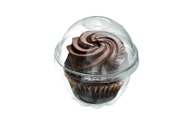 Tasse Kuchen Kunststoff Paket Mit Kuppelabdeckung Isoliert Auf Weißem Hintergrund — Stockfoto