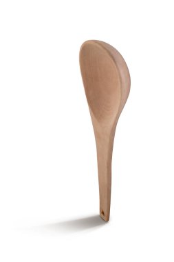 Beyaz arka planda izole edilmiş büyük ahşap yemek kaşığı.