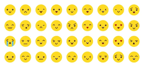 Emoticon Sorriso Icone Piatte Fumetto Giallo Emoji Set Viso Fumetto — Vettoriale Stock
