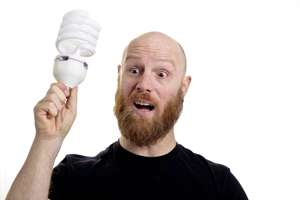 Man med glödlampa idé isolerad på vit bakgrund — Stockfoto