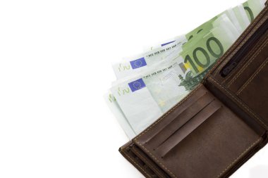 Euro banka notları beyaz arka plan üzerinde izole cüzdan