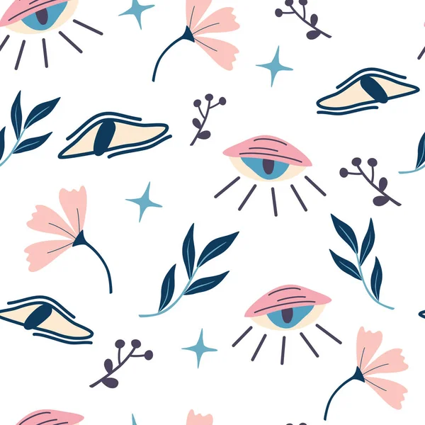 Seamless pattern with magic eyes and flowers. Evil eyes background. Magic, witchcraft, occult symbol, Halloween decor. For Fabric, textile, giftware, wallpaper. Vector flat illustration. Stock Vector