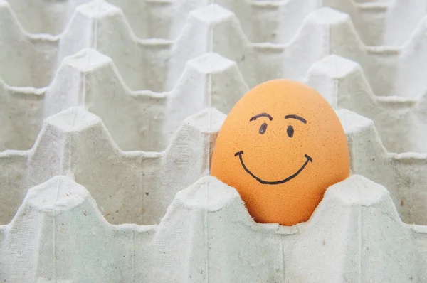 Cara sonriente Huevos en caja de papel marrón — Foto de Stock