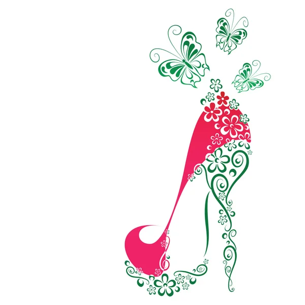 Zapatos de mujer con flores y mariposas . — Vector de stock