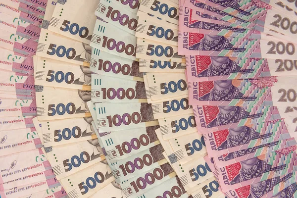 Contexte Des Nouveaux Billets 1000 500 200 Uah Sur Bureau — Photo