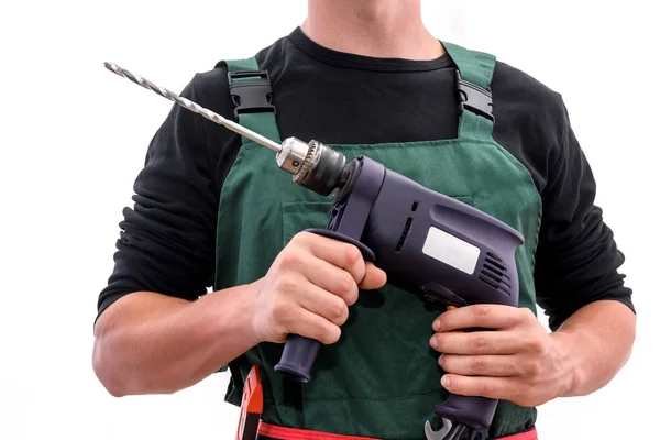 Handsome Man Drill Machine Posing Isolated White Worker Coverall — Stock Photo, Image