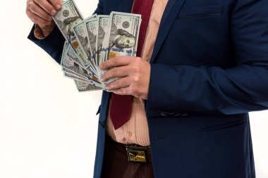 İş adamı parayı tutar ve sayar. Erkek elinde dolar, beyaz üzerinde izole edilmiş. Kaydetme kavramı