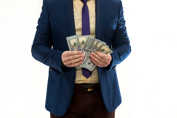 Man Kostym Håller Många Oss Pengar Dollar Isolerade Vitt Affärs — Stockfoto