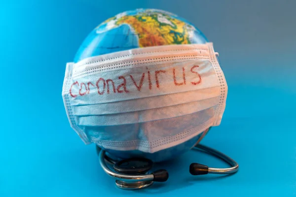 Covid Global Pandemic Corona Virus Globe Medical Mask Gloves Stethoscope — Stock Photo, Image