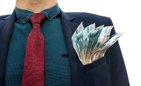 Empresario Hizo Enormes Ganancias Mostrando Montón Dinero Hombre Traje Tiene — Foto de Stock