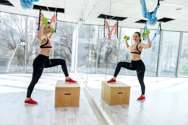 Jovem Esportiva Com Halteres Fazendo Exercícios Ginásio Treino Corpo Fitness — Fotografia de Stock