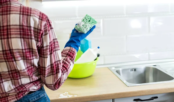 Cleaning Concept Woman Washes Cleans Kitchen — Stock Photo, Image