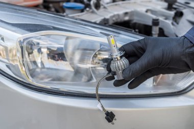 Adam yeni modern halojen otomobil ampulünü tamir için tutuyor. otomotiv ekipmanı