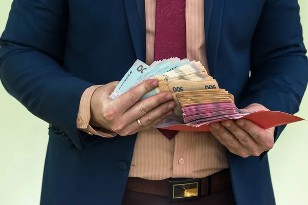 Businessman Receives Money Bribe Envelope Man Gives Whole Bunch Hryvnia — Stock Photo, Image