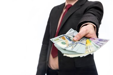 Erkek eli yığınla dolar ve avro banknotları sunuyor