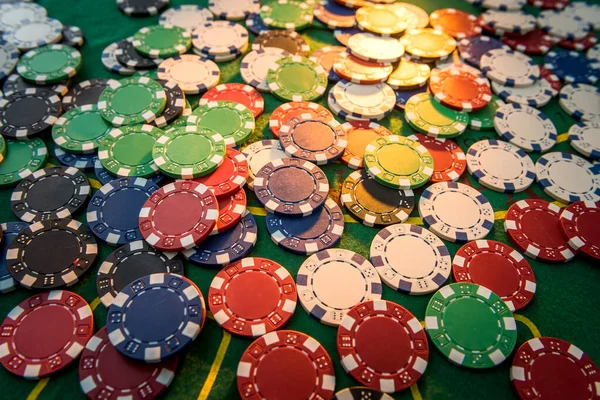 Many Different Cost Poker Chips Play Table Large Game Bet — Stock Photo, Image
