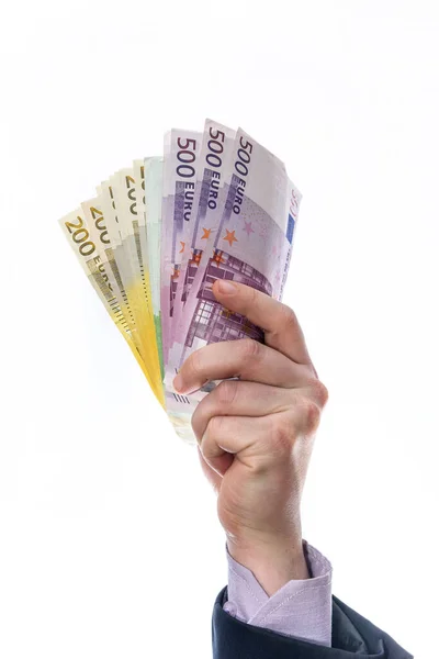 Людина Тримає Або Дає Гроші Ізольовані Білому Фоні Європейська Валюта — стокове фото