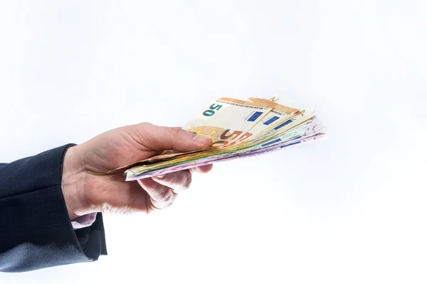 Hombre Traje Ofreciendo Billetes Euros Aislados Blanco — Foto de Stock