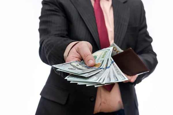 Male Hands Holding Wallet Full Dollar Banknotes Close — Stock Photo, Image