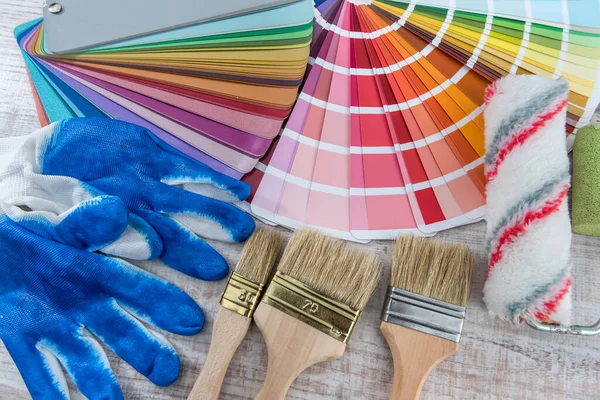 Tavolozza Colori Utensili Pennelli Guanti Blu Riparazioni Home Background Lavoro — Foto Stock