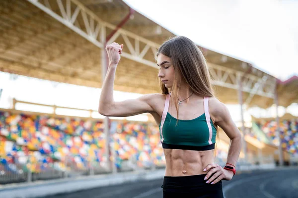 Young Sportive Woman Making Morning Exercises Outdoors Stadium — Stock Photo, Image