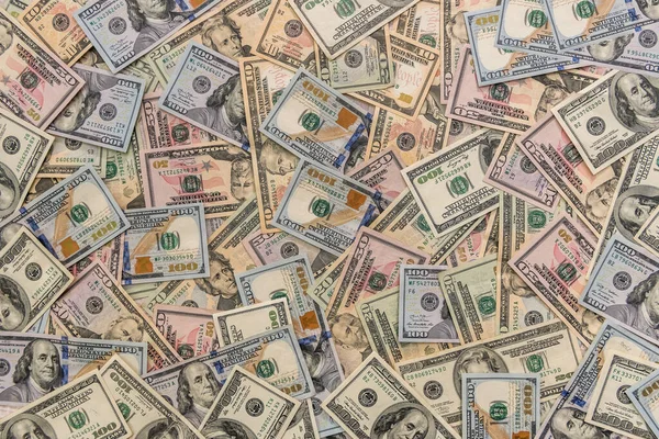 Notas Dólar Dispersas Mesa Madeira Fechar — Fotografia de Stock
