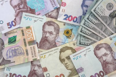 Arka planda ABD doları olan Ukrayna para birimi Hryvnia. Para değişimi konsepti. finans