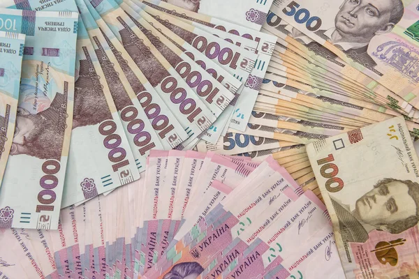 Предпосылки Новых Банкнот 1000 500 200 Грн Столе Деньги Сохранить — стоковое фото
