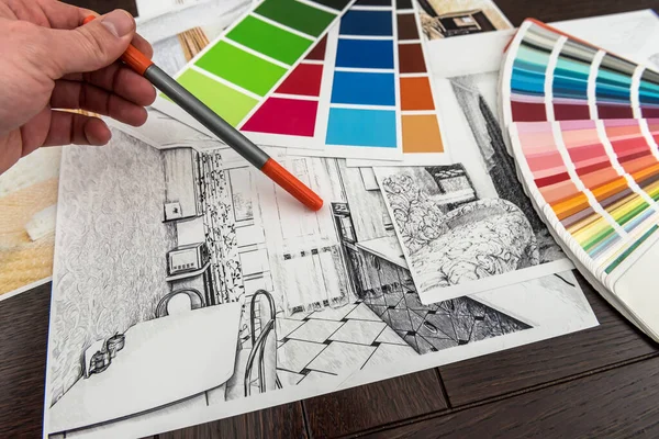 Férfi Munka Color Paletta Ház Apartman Vázlat Kreatív Design Otthon — Stock Fotó