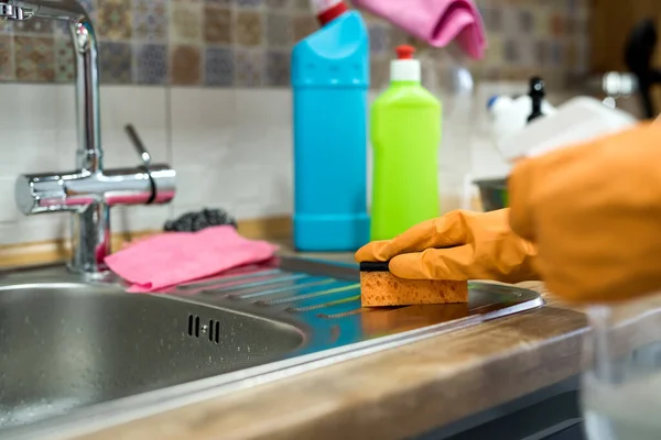 Woman Rubber Gloves Cleaning Dirty Surface Kitchen Housework — Stock Photo, Image
