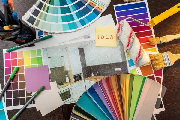 Klistermärke Med Hem Lägenhet Plan Och Färg Katalog För Hus — Stockfoto
