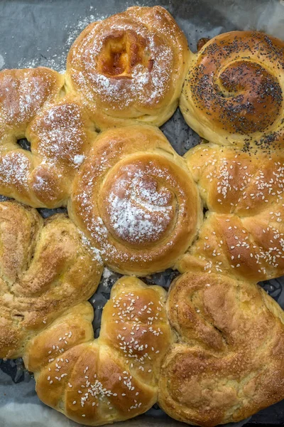 Bollos Redondos Recién Hechos Horno Pan Pequeño —  Fotos de Stock