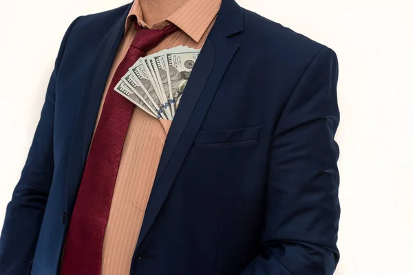 Człowiek Garniturze Trzyma Wiele Dolarów Odizolowanych Bieli Koncepcja Biznesowa Lub — Zdjęcie stockowe