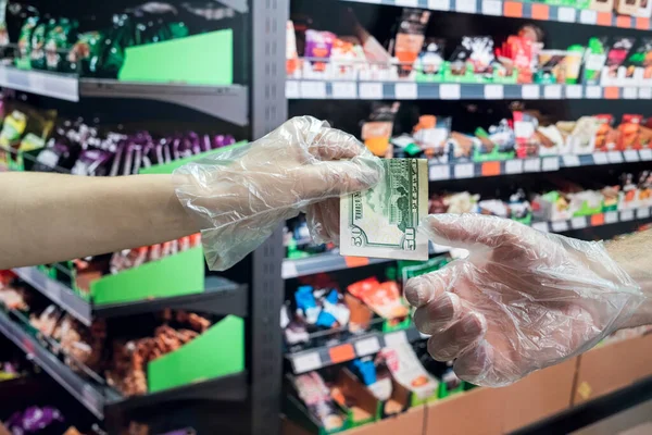 Mano Pasando Dinero Supermercado Concepto Compra — Foto de Stock