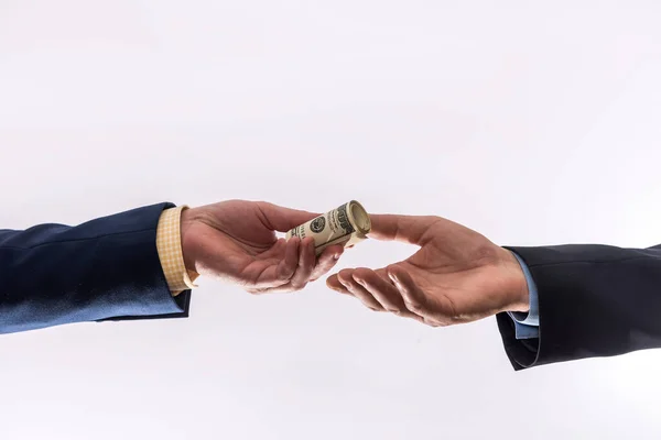 Transferência Dinheiro Entre Dois Empresários Mão Masculina Dando 100 Dólares — Fotografia de Stock