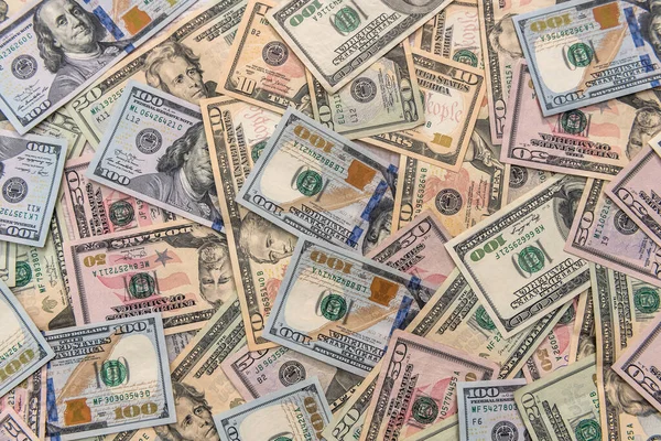 Банкноты Долларах Разбросаны Деревянному Столу Вблизи — стоковое фото