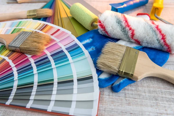 Tavolozza Colori Utensili Pennelli Guanti Blu Riparazioni Home Background Lavoro — Foto Stock