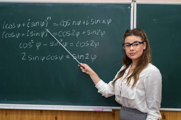 Sexy Caucasian Female Teacher Blackboard Mathematical Formulas Classroom Education School — Stock Photo, Image